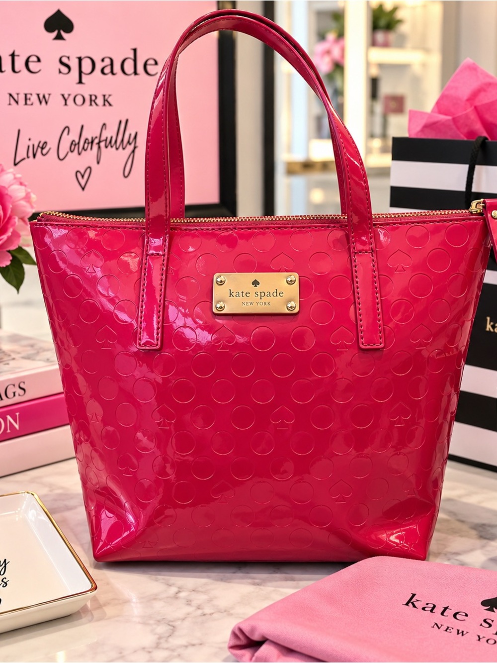 kate spade Patent Leather Tote in Bright Pink with Gold Plate